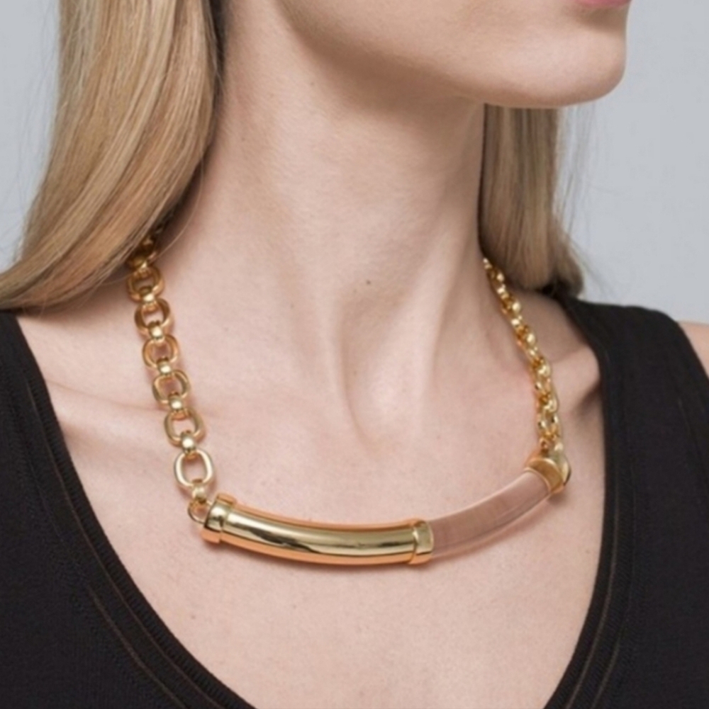 NWT WHBM Clear Lucite & Gold Bar Gold Large Chain Link Necklace